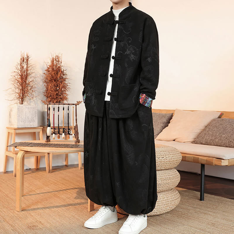 Conjunto de 2 piezas de traje Tang para hombre, de algodón, con botones de rana y dragón, de Buddha Stones , para otoño e invierno, con chaqueta y pantalones de manga larga. - image 5