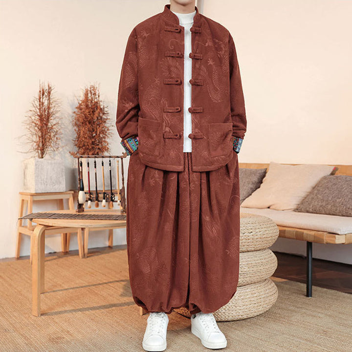 Conjunto de 2 piezas de traje Tang para hombre, de algodón, con botones de rana y dragón, de Buddha Stones , para otoño e invierno, con chaqueta y pantalones de manga larga. - image 11