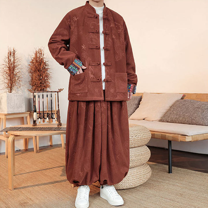 Conjunto de 2 piezas de traje Tang para hombre, de algodón, con botones de rana y dragón, de Buddha Stones , para otoño e invierno, con chaqueta y pantalones de manga larga. - image 15
