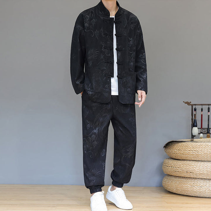 Conjunto de 2 piezas de traje Tang para hombre, de Buddha Stones , de otoño e invierno, con botones de rana de dragón, de algodón de pana, de manga larga, chaqueta y pantalones con bolsillos. - image 13