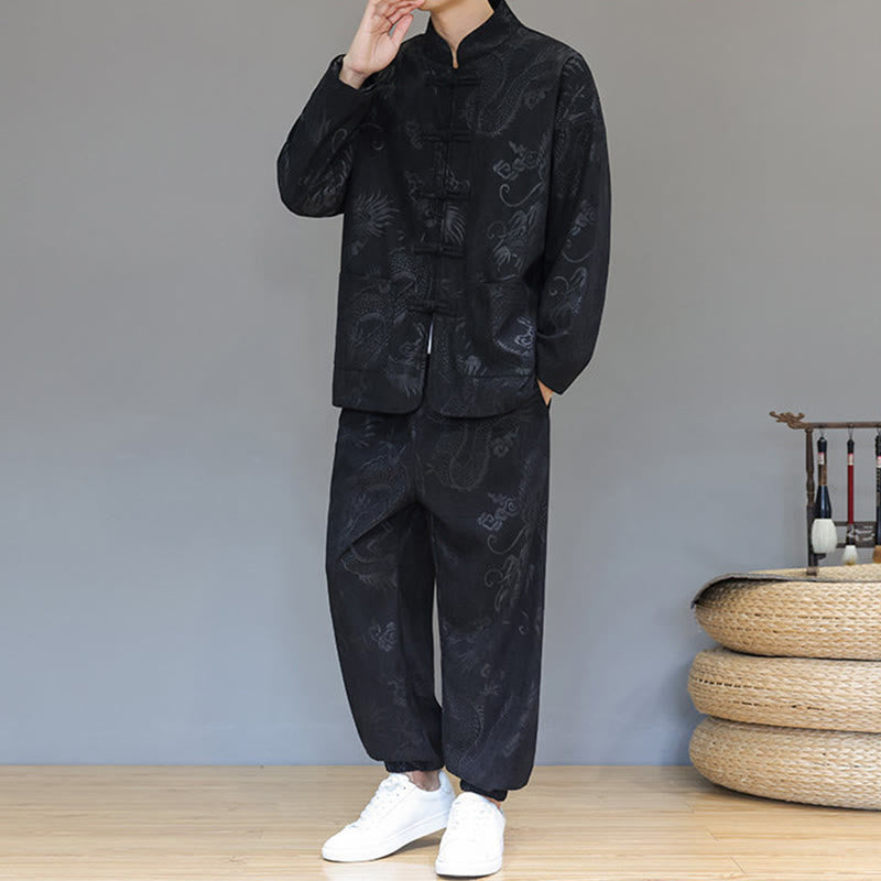 Conjunto de 2 piezas de traje Tang para hombre, de Buddha Stones , de otoño e invierno, con botones de rana de dragón, de algodón de pana, de manga larga, chaqueta y pantalones con bolsillos. - image 16