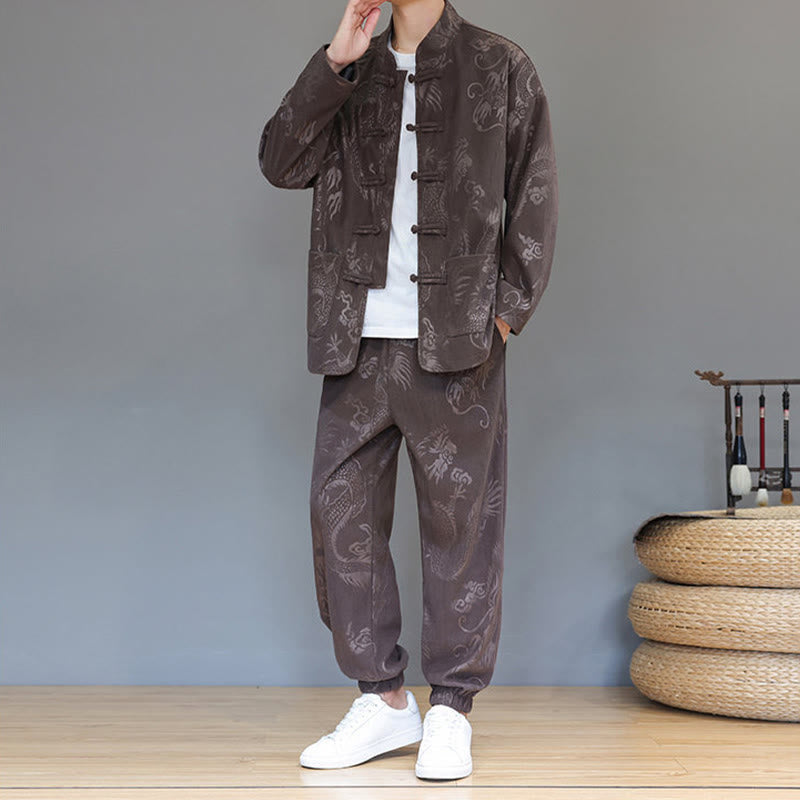 Conjunto de 2 piezas de traje Tang para hombre, de Buddha Stones , de otoño e invierno, con botones de rana de dragón, de algodón de pana, de manga larga, chaqueta y pantalones con bolsillos. - image 7