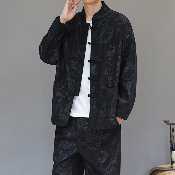 Conjunto de 2 piezas de traje Tang para hombre, de Buddha Stones , de otoño e invierno, con botones de rana de dragón, de algodón de pana, de manga larga, chaqueta y pantalones con bolsillos. - image 21