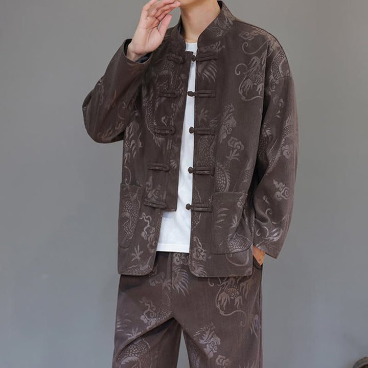 Conjunto de 2 piezas de traje Tang para hombre, de Buddha Stones , de otoño e invierno, con botones de rana de dragón, de algodón de pana, de manga larga, chaqueta y pantalones con bolsillos. - image 8