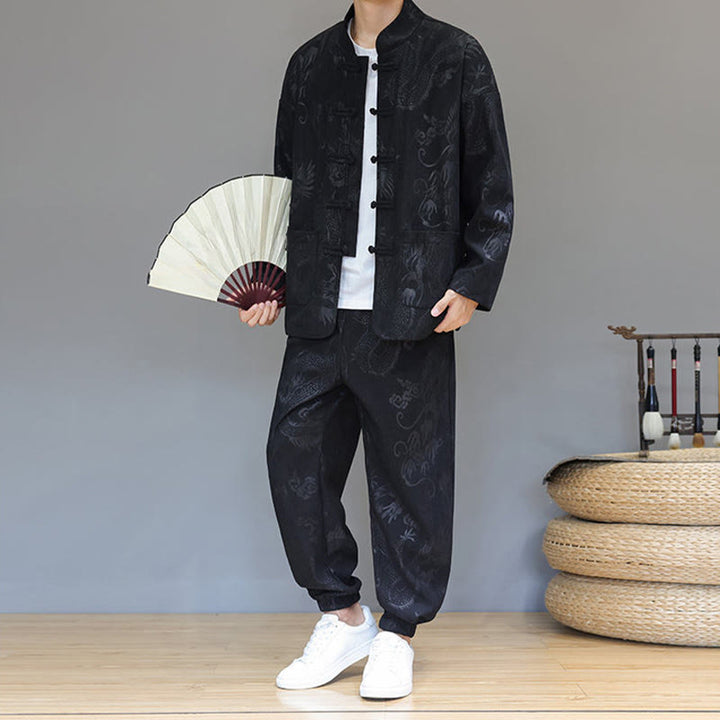 Conjunto de 2 piezas de traje Tang para hombre, de Buddha Stones , de otoño e invierno, con botones de rana de dragón, de algodón de pana, de manga larga, chaqueta y pantalones con bolsillos. - image 17