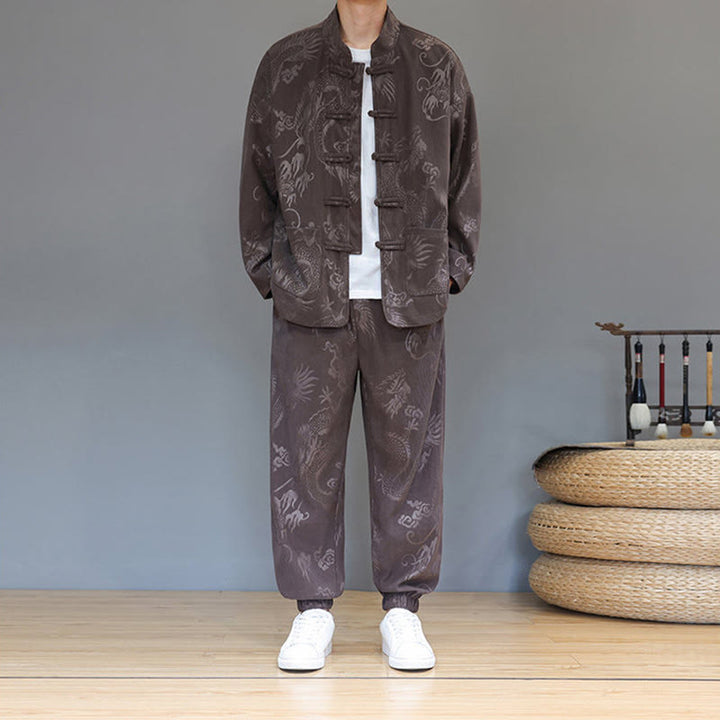 Conjunto de 2 piezas de traje Tang para hombre, de Buddha Stones , de otoño e invierno, con botones de rana de dragón, de algodón de pana, de manga larga, chaqueta y pantalones con bolsillos. - image 2