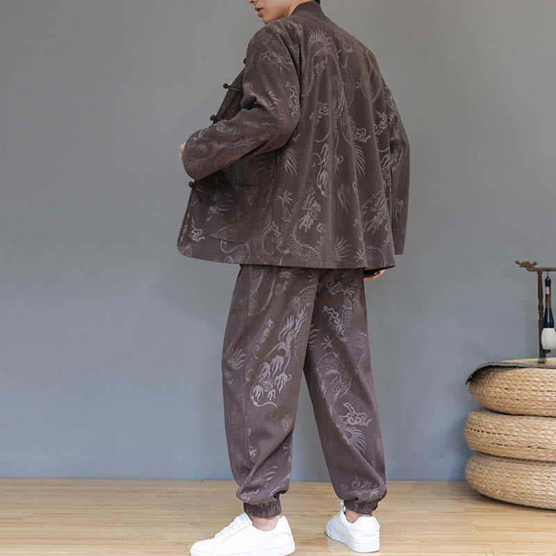 Conjunto de 2 piezas de traje Tang para hombre, de Buddha Stones , de otoño e invierno, con botones de rana de dragón, de algodón de pana, de manga larga, chaqueta y pantalones con bolsillos. - image 3