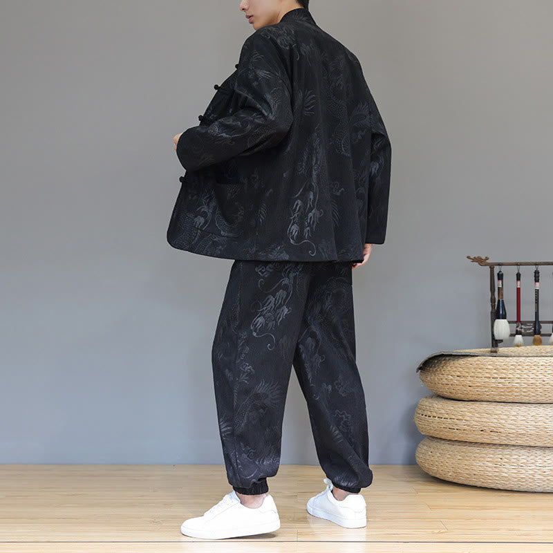 Conjunto de 2 piezas de traje Tang para hombre, de Buddha Stones , de otoño e invierno, con botones de rana de dragón, de algodón de pana, de manga larga, chaqueta y pantalones con bolsillos. - image 15