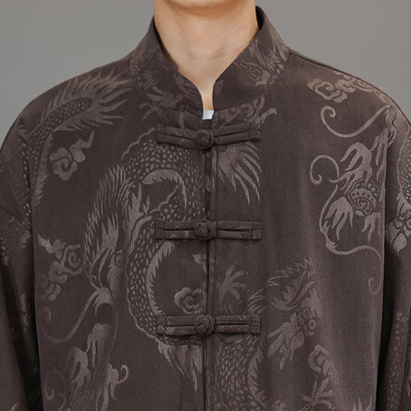 Conjunto de 2 piezas de traje Tang para hombre, de Buddha Stones , de otoño e invierno, con botones de rana de dragón, de algodón de pana, de manga larga, chaqueta y pantalones con bolsillos. - image 9