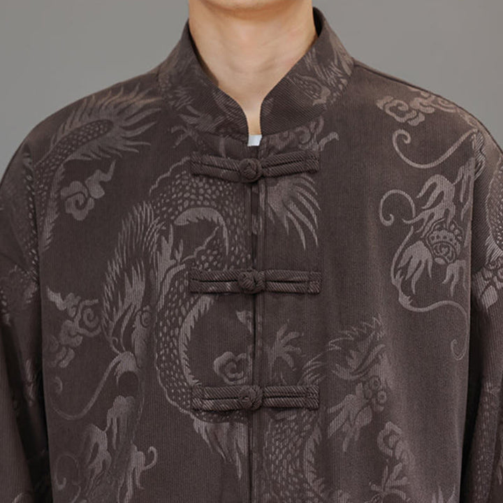 Conjunto de 2 piezas de traje Tang para hombre, de Buddha Stones , de otoño e invierno, con botones de rana de dragón, de algodón de pana, de manga larga, chaqueta y pantalones con bolsillos. - image 9