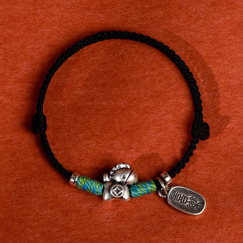 Pulsera tobillera trenzada con dijes de paz y alegría de plata de ley 925 con Buddha Stones y año del caballo. - Tobillera de cuerda negra para hombre - image 16