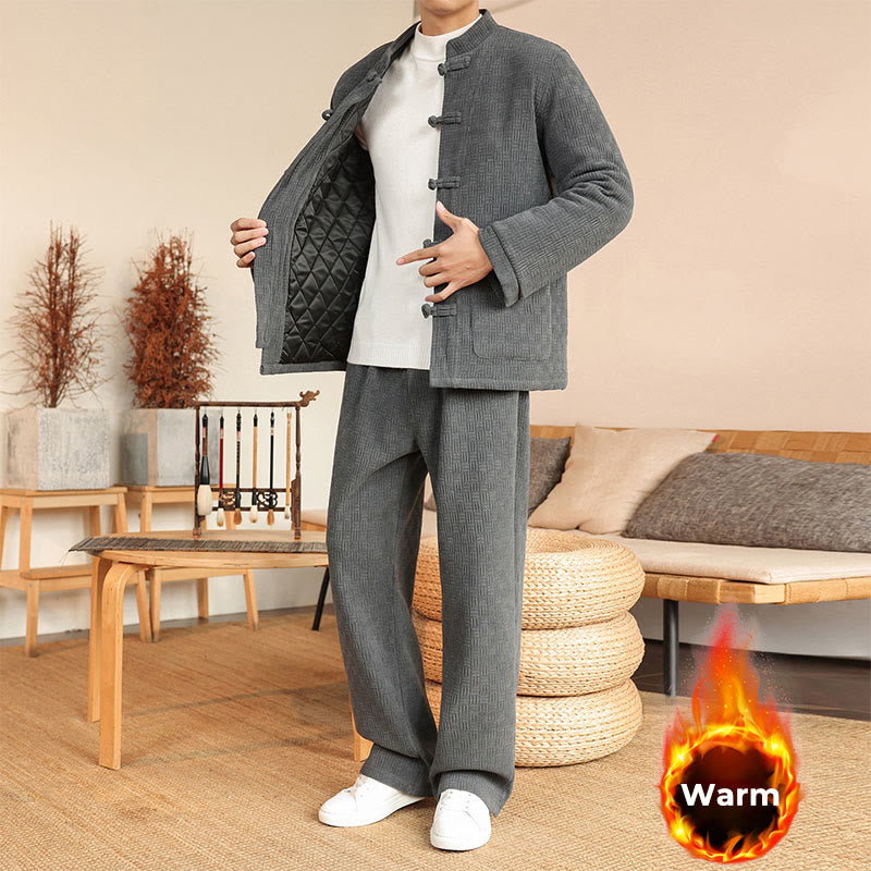 Conjunto de 2 piezas de traje Tang de invierno para hombre, de Buddha Stones , de algodón con botones de rana, chaqueta de manga larga y pantalones con bolsillos. - image 1