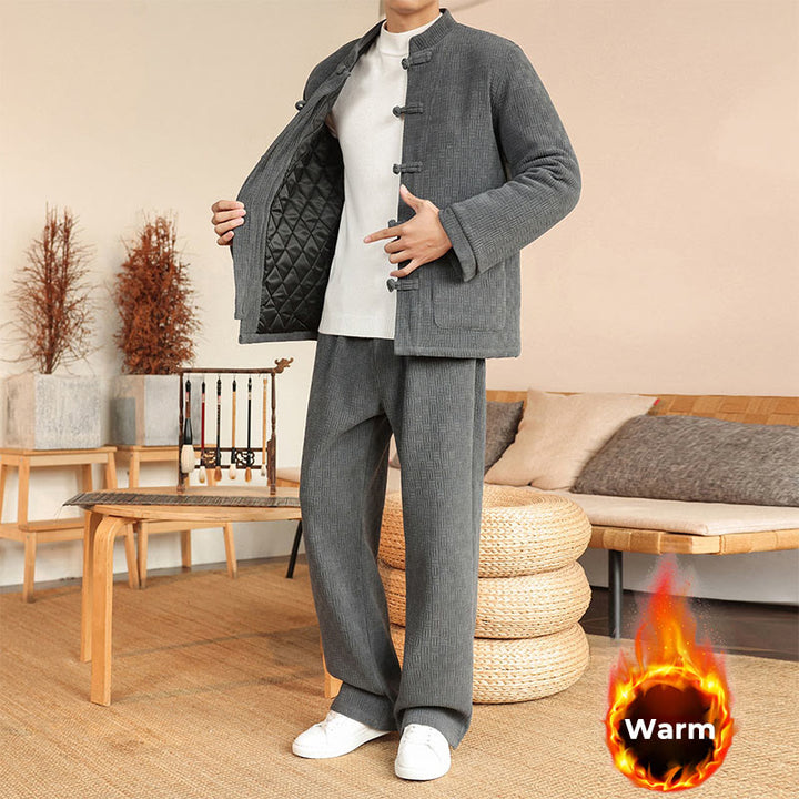 Conjunto de 2 piezas de traje Tang de invierno para hombre, de Buddha Stones , de algodón con botones de rana, chaqueta de manga larga y pantalones con bolsillos. - image 1