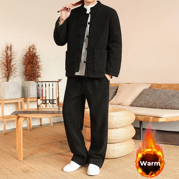 Conjunto de 2 piezas de traje Tang de invierno para hombre, de Buddha Stones , de algodón con botones de rana, chaqueta de manga larga y pantalones con bolsillos. - image 18