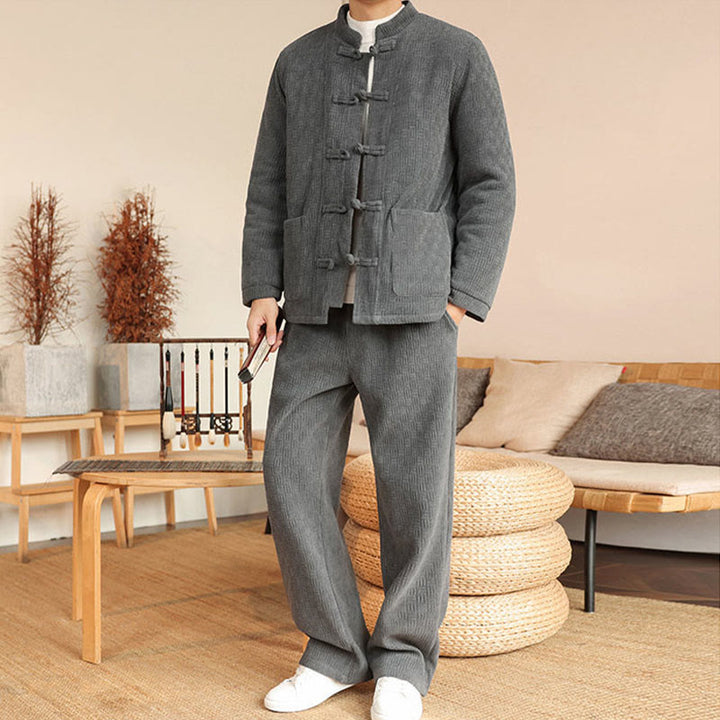 Conjunto de 2 piezas de traje Tang de invierno para hombre, de Buddha Stones , de algodón con botones de rana, chaqueta de manga larga y pantalones con bolsillos. - image 5