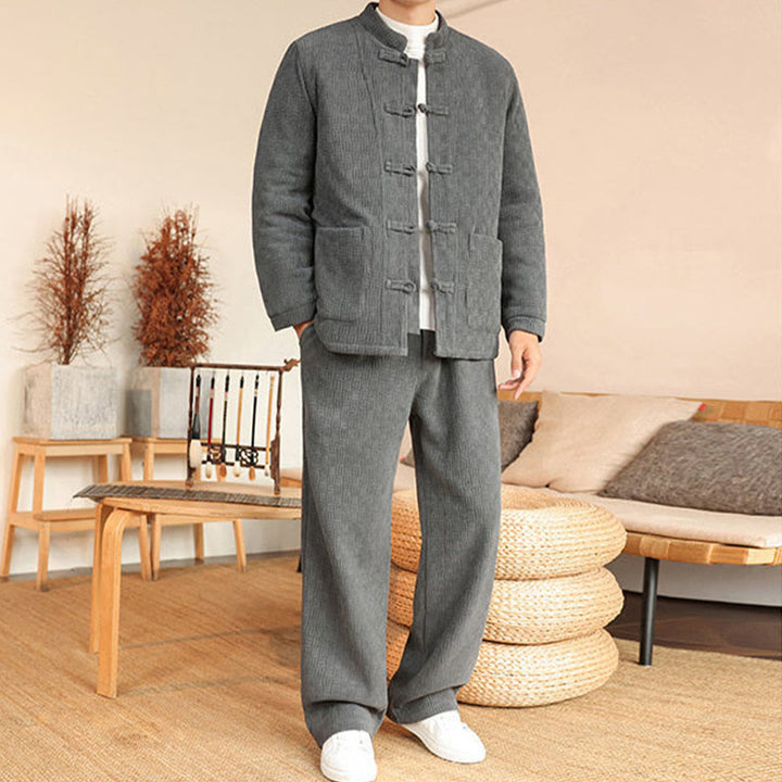 Conjunto de 2 piezas de traje Tang de invierno para hombre, de Buddha Stones , de algodón con botones de rana, chaqueta de manga larga y pantalones con bolsillos. - image 2