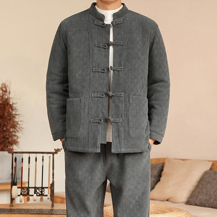 Conjunto de 2 piezas de traje Tang de invierno para hombre, de Buddha Stones , de algodón con botones de rana, chaqueta de manga larga y pantalones con bolsillos. - image 8