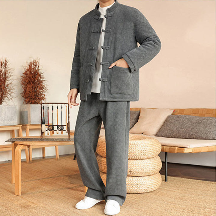 Conjunto de 2 piezas de traje Tang de invierno para hombre, de Buddha Stones , de algodón con botones de rana, chaqueta de manga larga y pantalones con bolsillos. - image 6