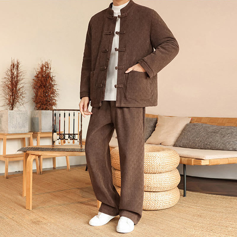 Conjunto de 2 piezas de traje Tang de invierno para hombre, de Buddha Stones , de algodón con botones de rana, chaqueta de manga larga y pantalones con bolsillos. - image 31
