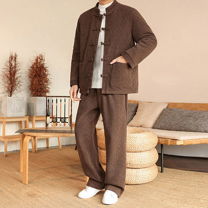 Conjunto de 2 piezas de traje Tang de invierno para hombre, de Buddha Stones , de algodón con botones de rana, chaqueta de manga larga y pantalones con bolsillos. - image 31