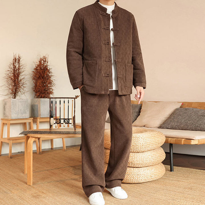 Conjunto de 2 piezas de traje Tang de invierno para hombre, de Buddha Stones , de algodón con botones de rana, chaqueta de manga larga y pantalones con bolsillos. - image 29