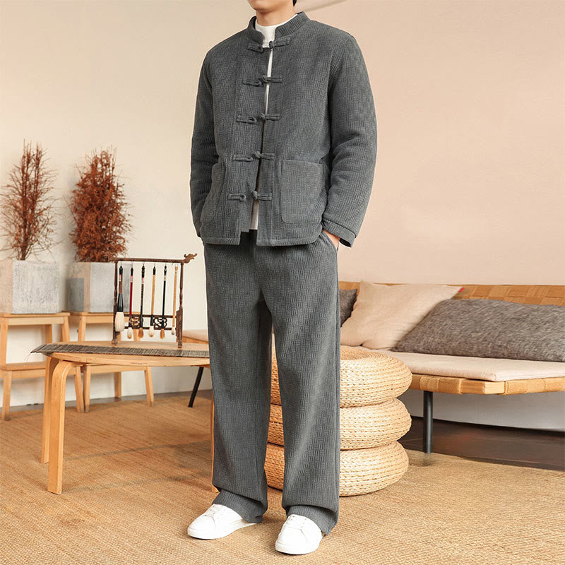Conjunto de 2 piezas de traje Tang de invierno para hombre, de Buddha Stones , de algodón con botones de rana, chaqueta de manga larga y pantalones con bolsillos. - image 7
