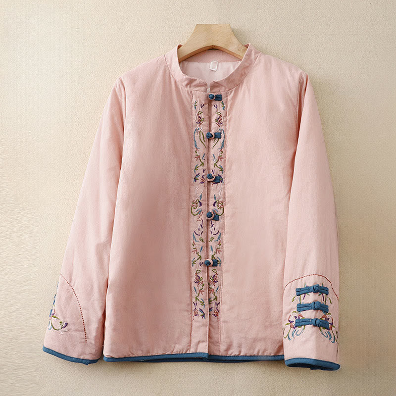Chaqueta térmica de manga larga para mujer con bordado de flores de invierno y botones de rana de Buddha Stones - Rosa - US12, UK/AU16, EU44 (3XL) - image 7