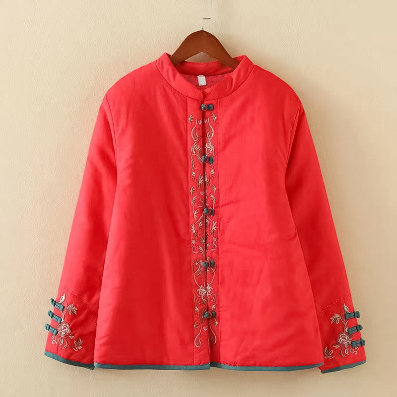 Chaqueta térmica de manga larga para mujer con bordado de flores de invierno y botones de rana de Buddha Stones - Rojo - US12, UK/AU16, EU44 (3XL) - image 23