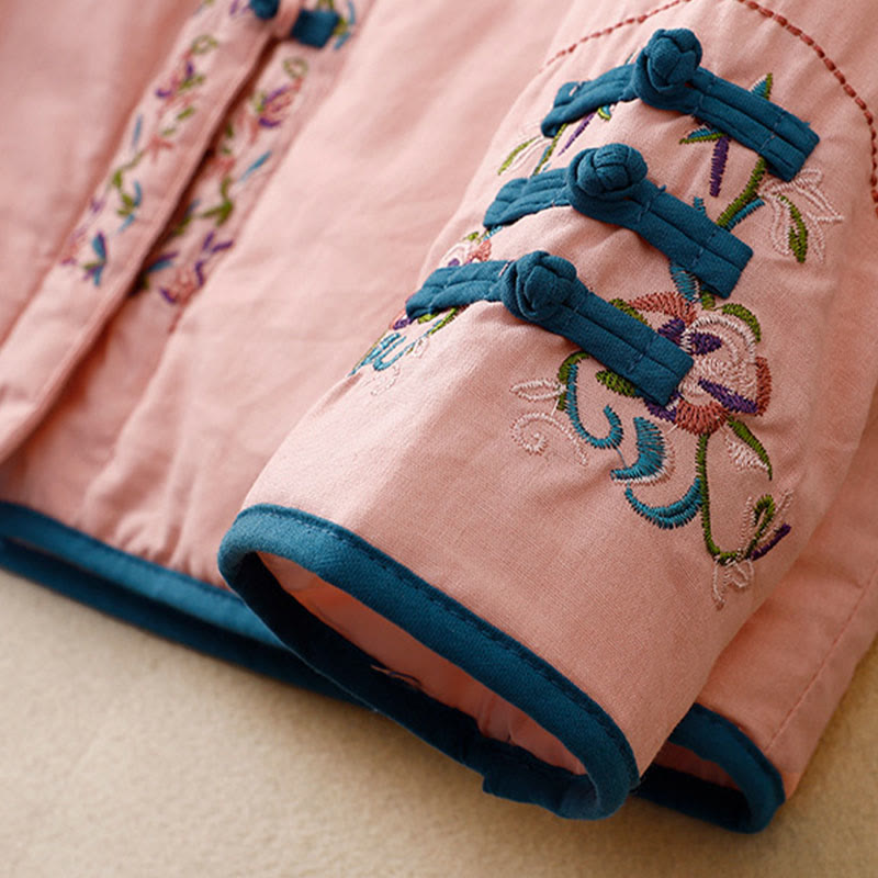 Chaqueta térmica de manga larga para mujer con bordado de flores de invierno y botones de rana de Buddha Stones - image 13