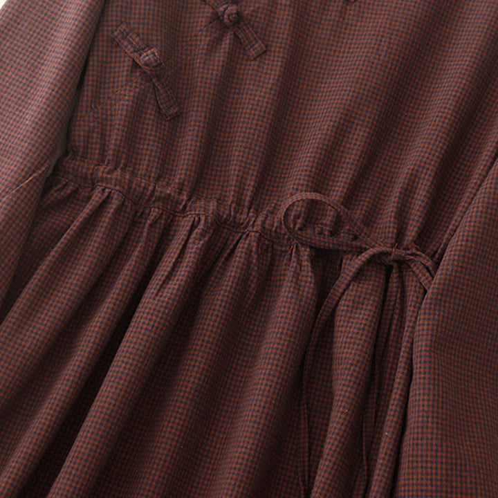 Vestido midi de manga larga con cuello alto, botones de rana y bolsillos, diseño de Buddha Stones Fall en marrón - image 5