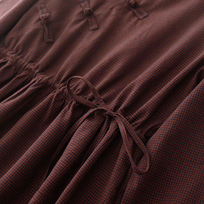 Vestido midi de manga larga con cuello alto, botones de rana y bolsillos, diseño de Buddha Stones Fall en marrón - image 6