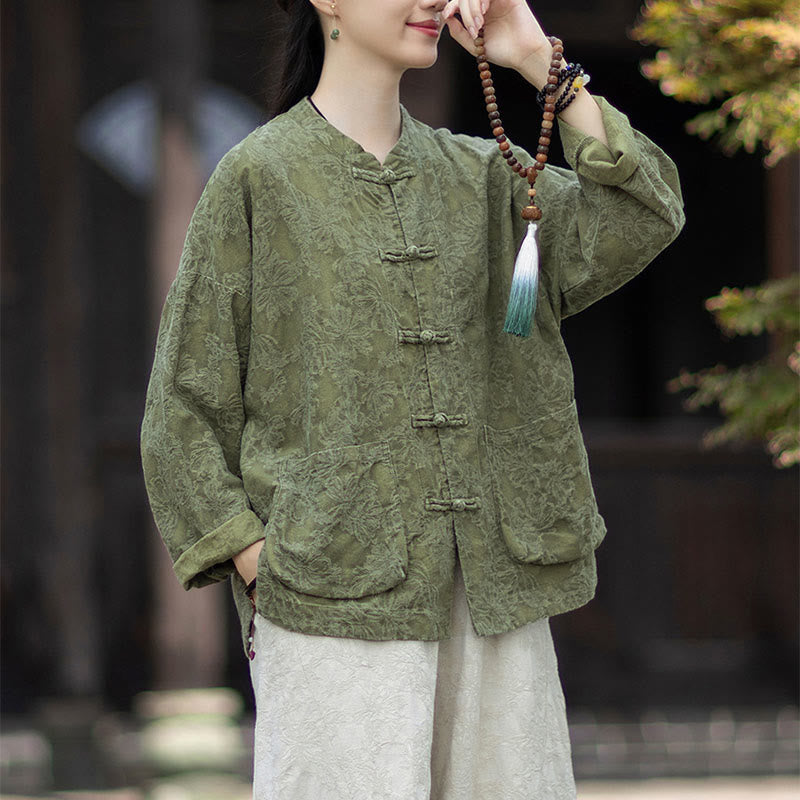 Camisa de manga larga con botones de rana para mujer, pantalones de algodón y lino con estampado de Buddha Stones en otoño, jacquard - image 1