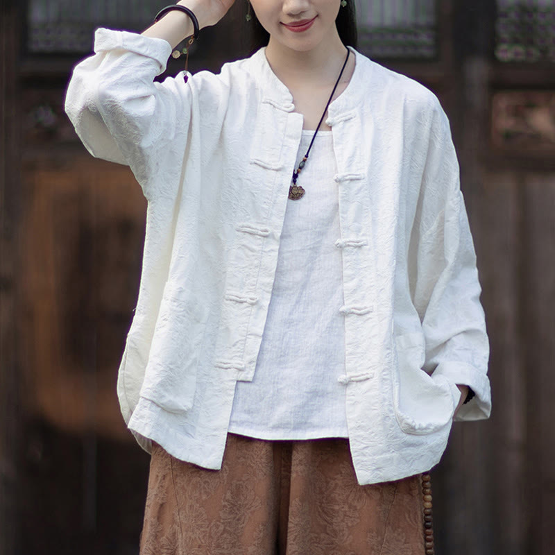 Camisa de manga larga con botones de rana para mujer, pantalones de algodón y lino con estampado de Buddha Stones en otoño, jacquard - Camisa blanca - US4-6, UK/AU8-10, EU36-38 (F) - image 13