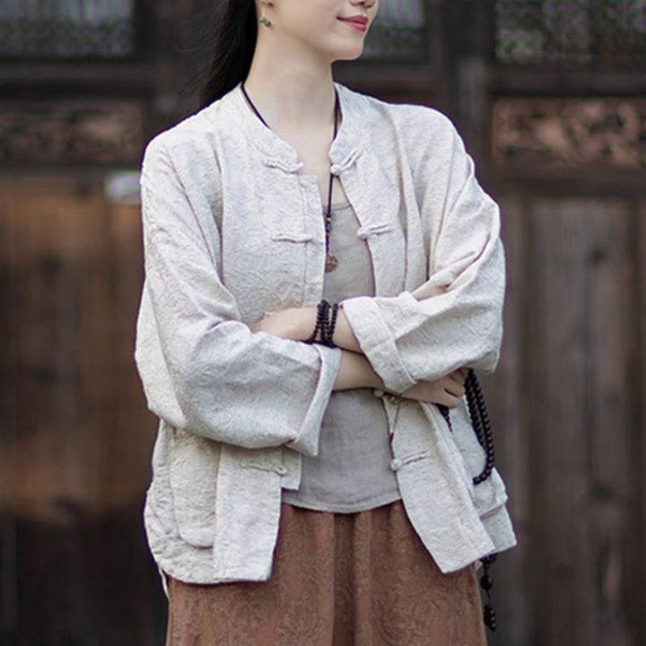 Camisa de manga larga con botones de rana para mujer, pantalones de algodón y lino con estampado de Buddha Stones en otoño, jacquard - image 26