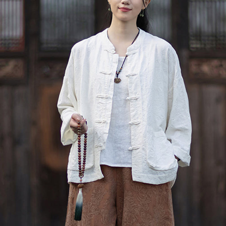 Camisa de manga larga con botones de rana para mujer, pantalones de algodón y lino con estampado de Buddha Stones en otoño, jacquard - image 20