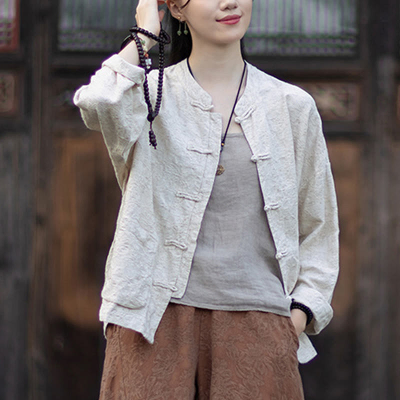 Camisa de manga larga con botones de rana para mujer, pantalones de algodón y lino con estampado de Buddha Stones en otoño, jacquard - image 24