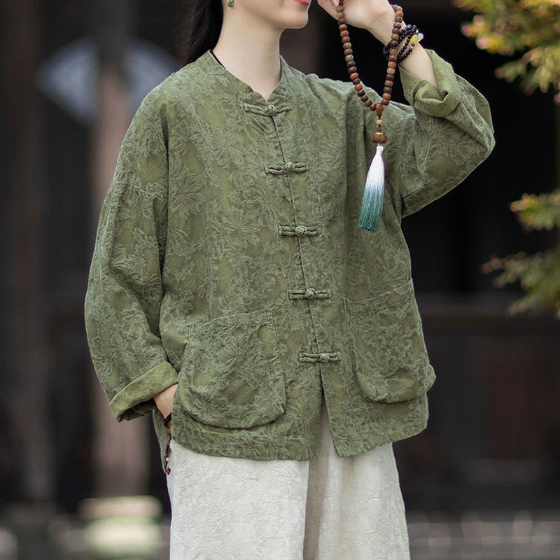 Camisa de manga larga con botones de rana para mujer, pantalones de algodón y lino con estampado de Buddha Stones en otoño, jacquard - image 3