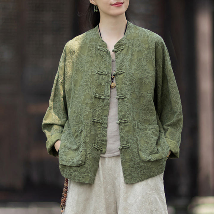 Camisa de manga larga con botones de rana para mujer, pantalones de algodón y lino con estampado de Buddha Stones en otoño, jacquard - image 6