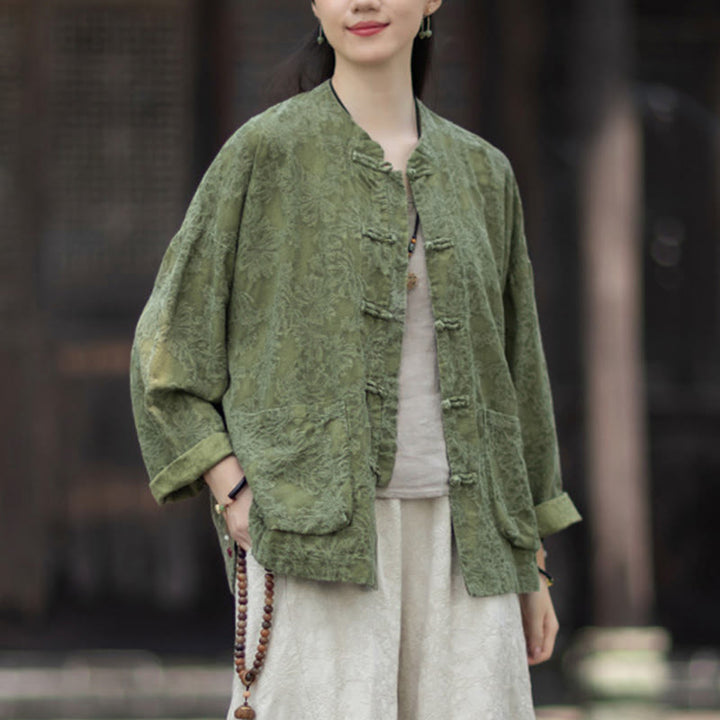 Camisa de manga larga con botones de rana para mujer, pantalones de algodón y lino con estampado de Buddha Stones en otoño, jacquard - image 7