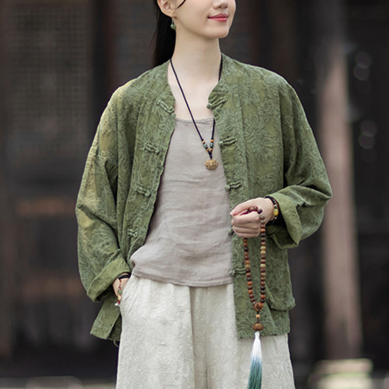 Camisa de manga larga con botones de rana para mujer, pantalones de algodón y lino con estampado de Buddha Stones en otoño, jacquard - image 10