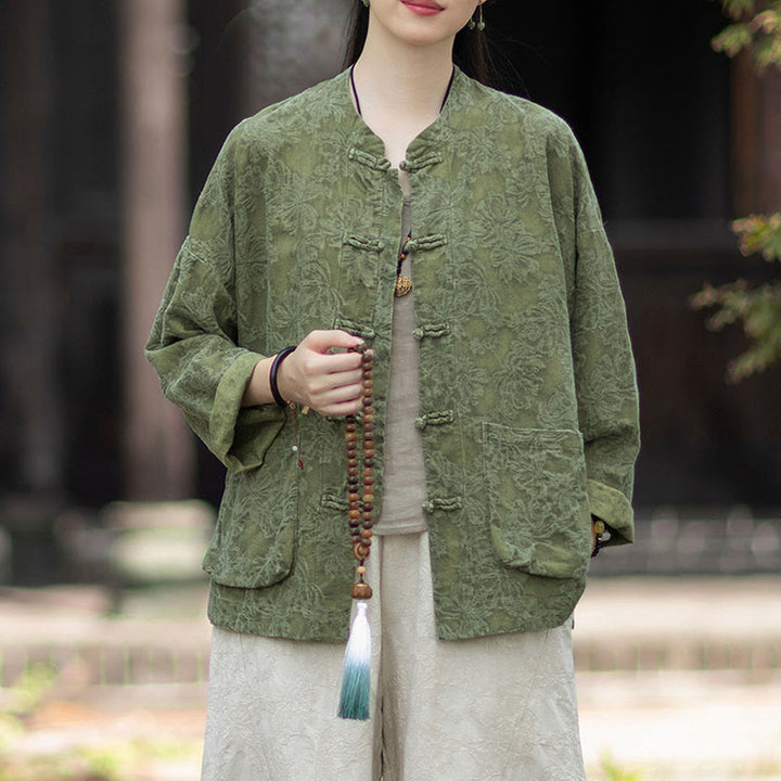 Camisa de manga larga con botones de rana para mujer, pantalones de algodón y lino con estampado de Buddha Stones en otoño, jacquard - image 5