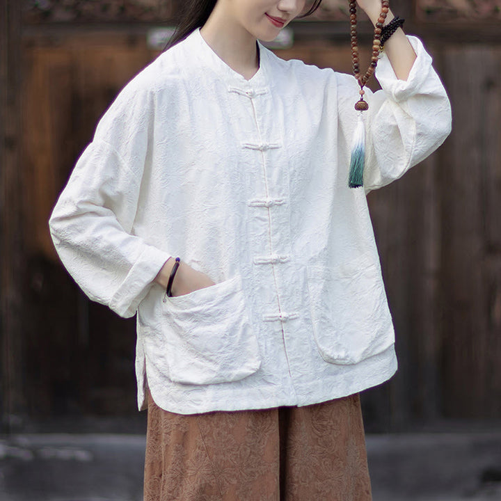 Camisa de manga larga con botones de rana para mujer, pantalones de algodón y lino con estampado de Buddha Stones en otoño, jacquard - image 19