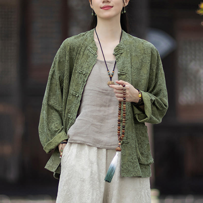 Camisa de manga larga con botones de rana para mujer, pantalones de algodón y lino con estampado de Buddha Stones en otoño, jacquard - image 8