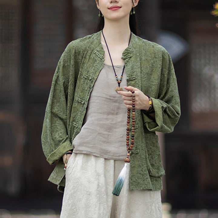 Camisa de manga larga con botones de rana para mujer, pantalones de algodón y lino con estampado de Buddha Stones en otoño, jacquard - image 8