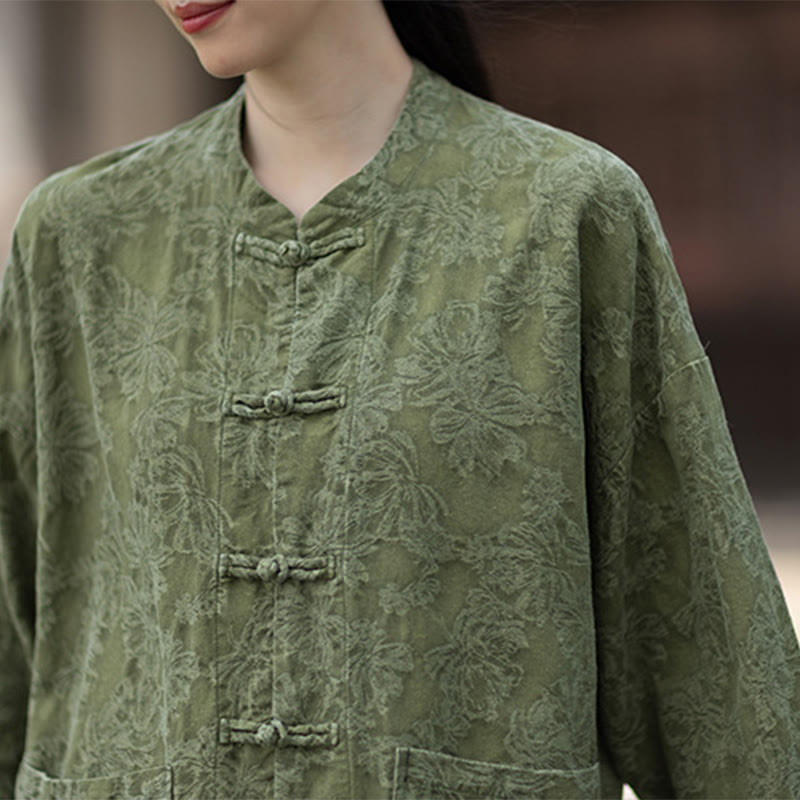 Camisa de manga larga con botones de rana para mujer, pantalones de algodón y lino con estampado de Buddha Stones en otoño, jacquard - image 11