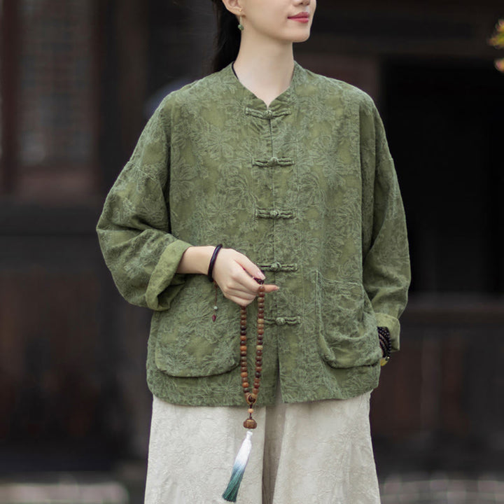 Camisa de manga larga con botones de rana para mujer, pantalones de algodón y lino con estampado de Buddha Stones en otoño, jacquard - Camisa Verde - US4-6, UK/AU8-10, EU36-38 (F) - image 0