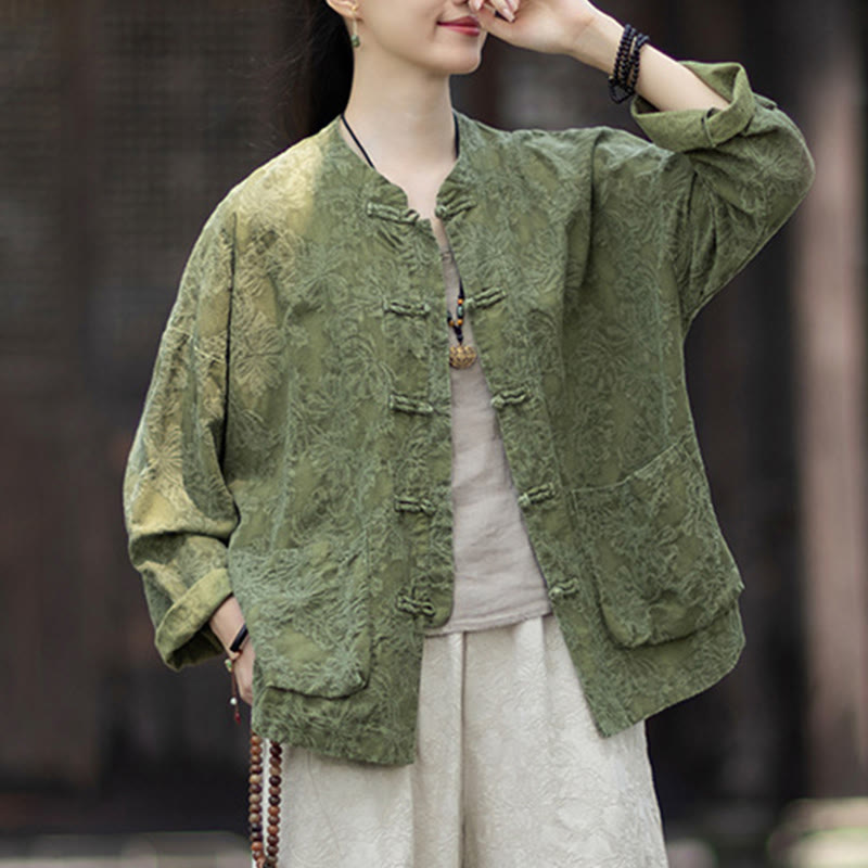 Camisa de manga larga con botones de rana para mujer, pantalones de algodón y lino con estampado de Buddha Stones en otoño, jacquard - image 9