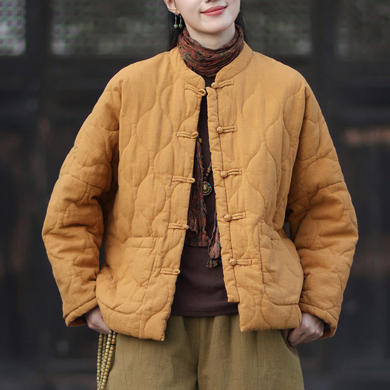 Chaqueta térmica de manga larga para mujer de algodón ramio con botones de rana y líneas curvas de Buddha Stones con bolsillos - image 1