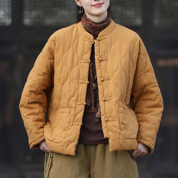 Chaqueta térmica de manga larga para mujer de algodón ramio con botones de rana y líneas curvas de Buddha Stones con bolsillos - image 1