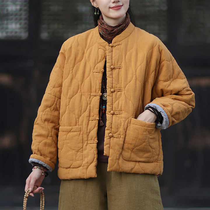 Chaqueta térmica de manga larga para mujer de algodón ramio con botones de rana y líneas curvas de Buddha Stones con bolsillos - Naranja - US4-12, UK/AU8-16, EU36-44 (F) - image 0